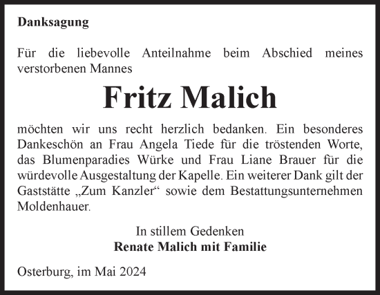 Traueranzeige von Fritz Malich von Volksstimme Altmark Ost