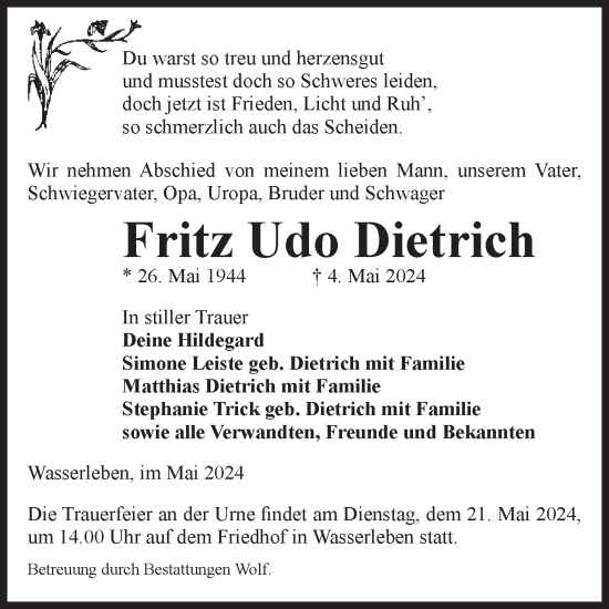 Traueranzeige von Fritz Udo Dietrich von Volksstimme Wernigerode