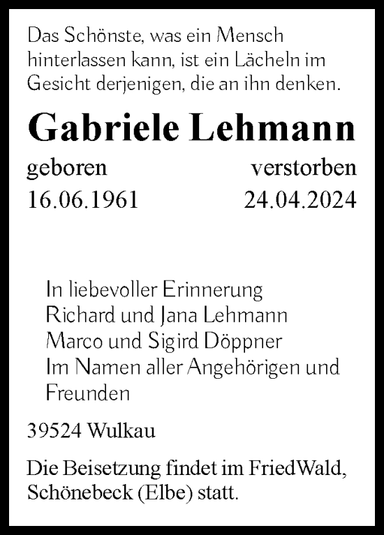 Traueranzeige von Gabriele Lehmann von Volksstimme Altmark Ost