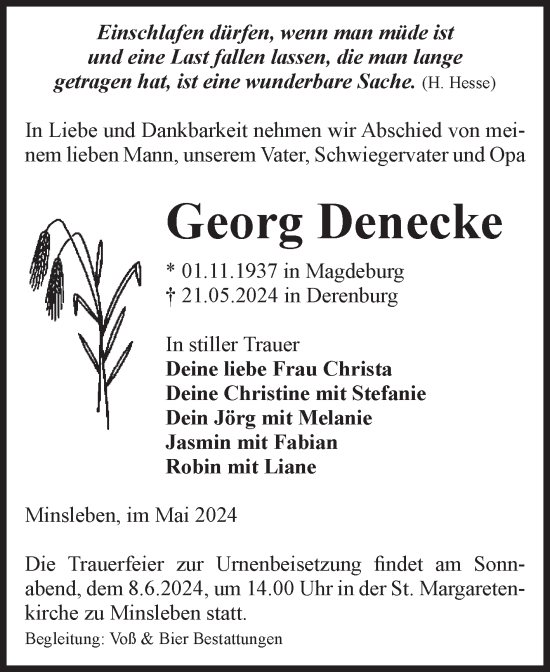 Traueranzeige von Georg Denecke von Volksstimme Wernigerode