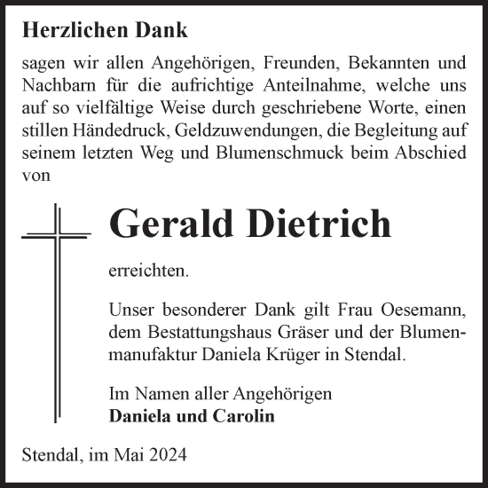 Traueranzeige von Gerald Dietrich von Volksstimme Altmark Ost