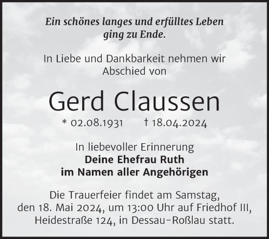 Traueranzeige von Gerd Claussen von Trauerkombi Dessau