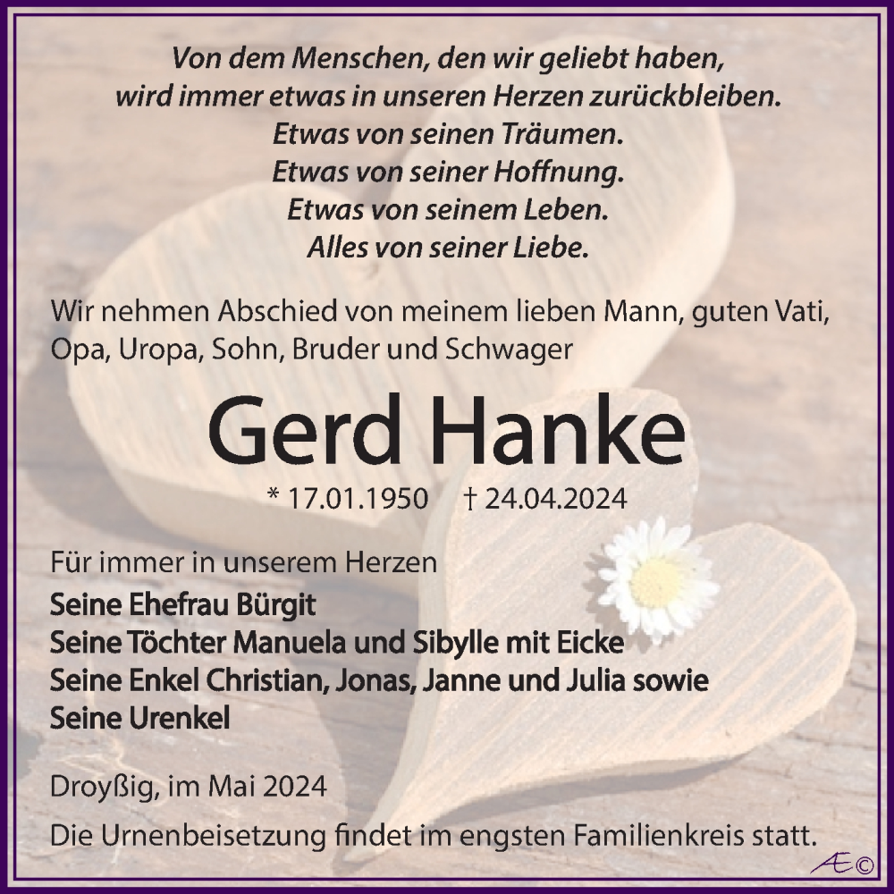  Traueranzeige für Gerd Hanke vom 04.05.2024 aus Trauerkombi Zeitz