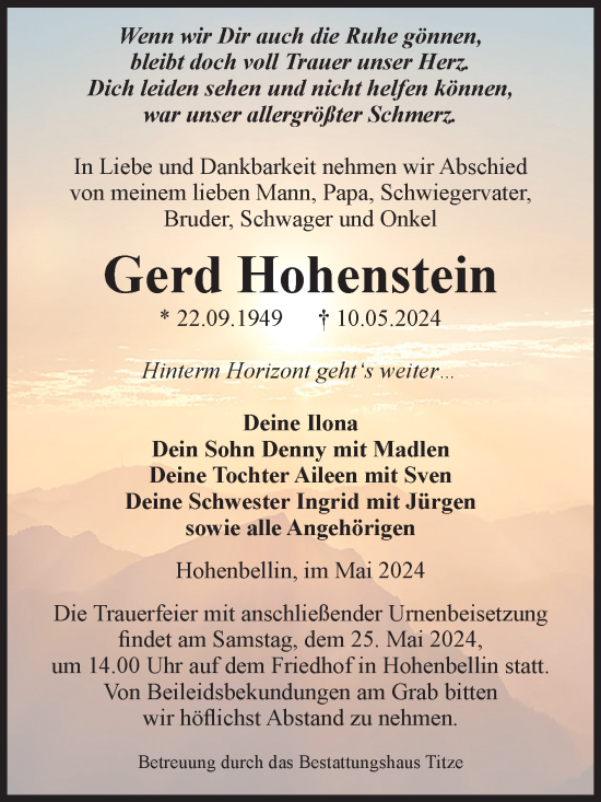 Traueranzeige von Gerd Hohenstein von Volksstimme Burg/Genthin