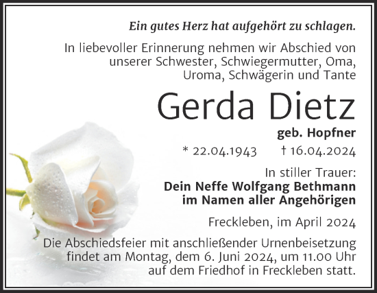 Traueranzeige von Gerda Dietz von Trauerkombi Aschersleben
