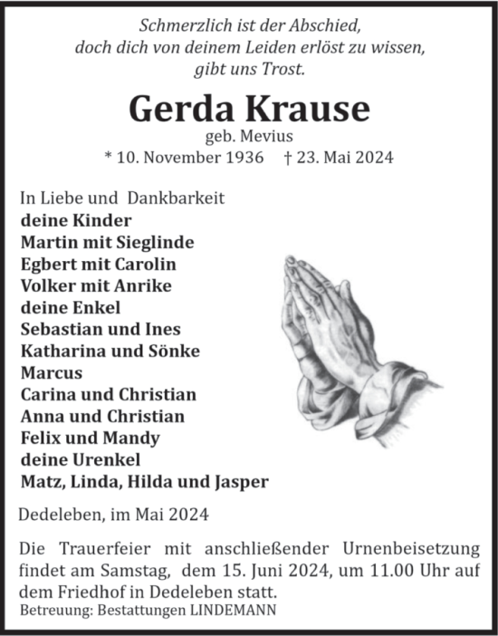 Traueranzeige von Gerda Krause von Volksstimme Halberstadt