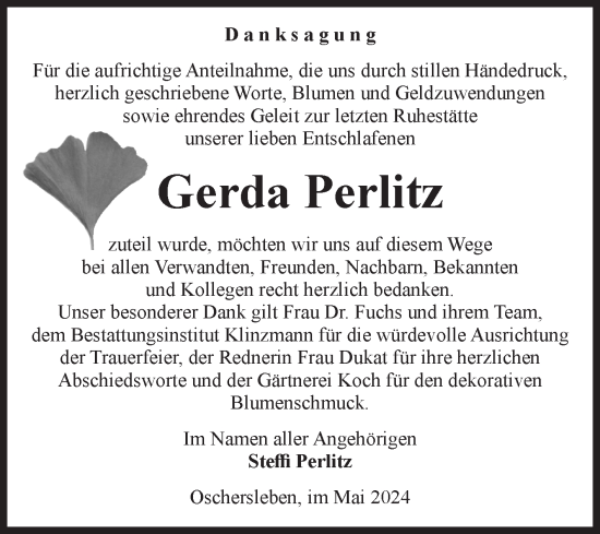 Traueranzeige von Gerda Perlitz von Volksstimme Oschersleben/Wanzleben