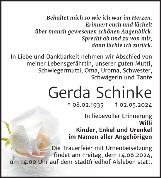 Traueranzeige von Gerda Schinke von Trauerkombi Bernburg