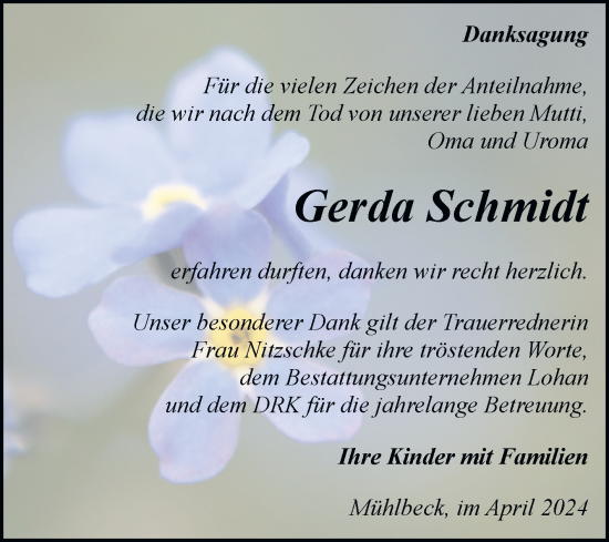 Traueranzeige von Gerda Schmidt von Trauerkombi Bitterfeld