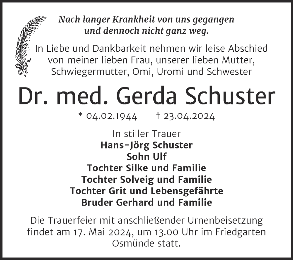 Traueranzeige für Gerda Schuster vom 04.05.2024 aus 