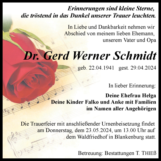 Traueranzeige von Gerd Werner Schmidt von Volksstimme Wernigerode
