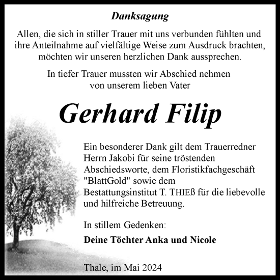 Traueranzeige von Gerhard Filip von Trauerkombi Quedlinburg
