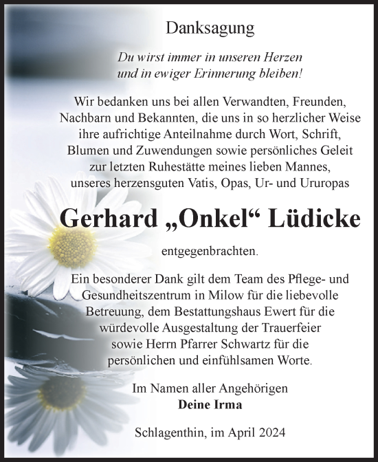 Traueranzeige von Gerhard Lüdicke von Volksstimme Burg/Genthin