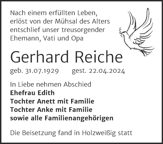 Traueranzeige von Gerhard Reiche von Trauerkombi Bitterfeld