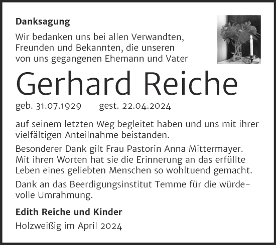 Traueranzeige von Gerhard Reiche von Trauerkombi Bitterfeld