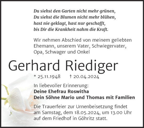 Traueranzeige von Gerhard Riediger von Trauerkombi Merseburg