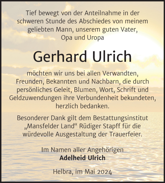 Traueranzeige von Gerhard Ulrich von Trauerkombi Mansfelder Land