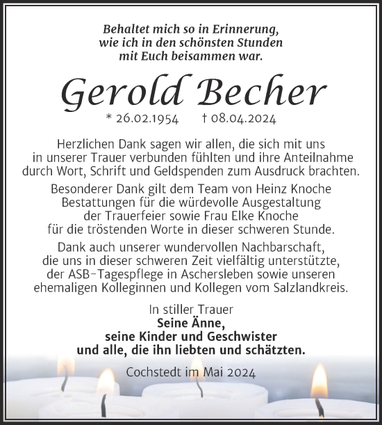 Traueranzeige von Gerold Becher von Trauerkombi Aschersleben