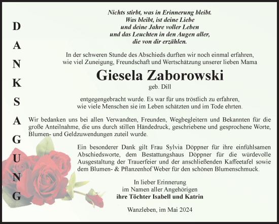 Traueranzeige von Giesela Zaborowski von Volksstimme Oschersleben/Wanzleben