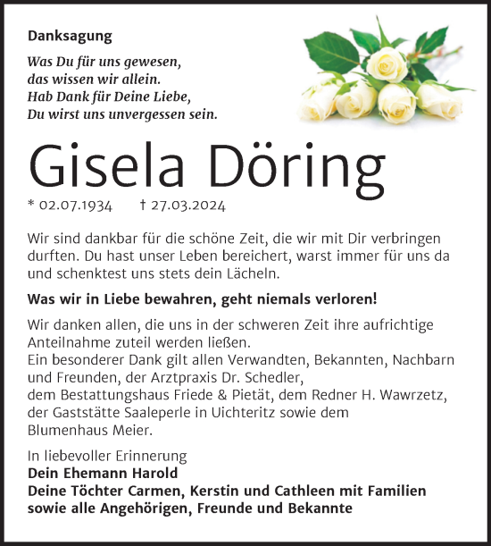 Traueranzeige von Gisela Döring von Trauerkombi Weißenfels