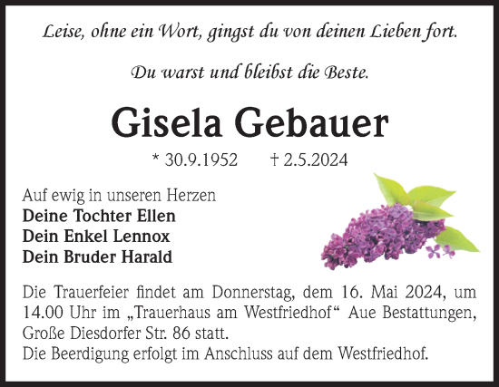 Traueranzeige von Gisela Gebauer von Volksstimme Magdeburg