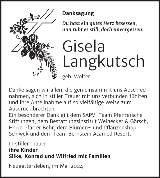 Traueranzeige von Gisela Langkutsch von Trauerkombi Bernburg