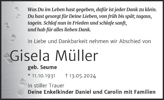 Traueranzeige von Gisela Müller von Trauerkombi Merseburg