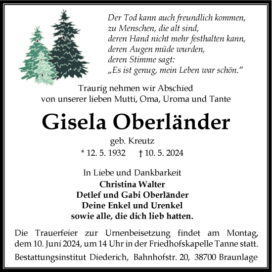 Traueranzeige von Gisela Oberländer von Volksstimme Wernigerode