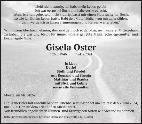Traueranzeige von Gisela Oster von Volksstimme Altmark West