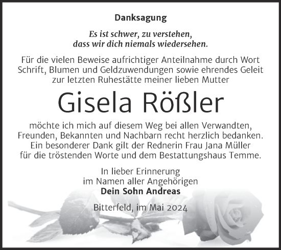 Traueranzeige von Gisela Rößler von Trauerkombi Bitterfeld