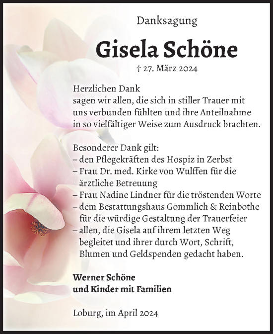Traueranzeige von Gisela Schöne von Volksstimme Zerbst