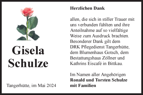 Traueranzeige von Gisela Schulze von Volksstimme Altmark Ost