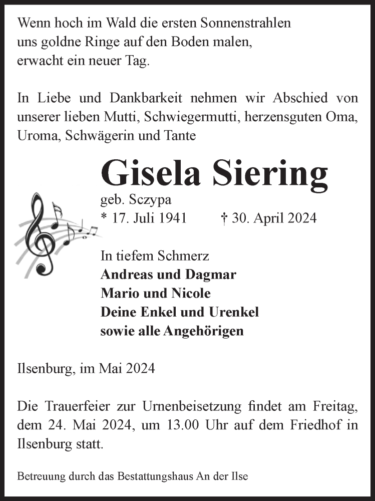  Traueranzeige für Gisela Siering vom 18.05.2024 aus Volksstimme Wernigerode