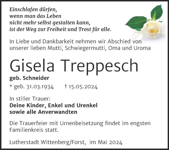 Traueranzeige von Gisela Treppesch von Trauerkombi Wittenberg
