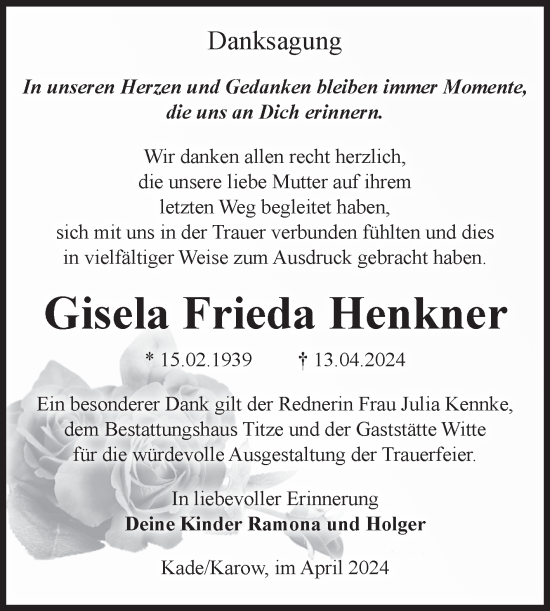 Traueranzeige von Gisela Frieda Henkner von Volksstimme Burg/Genthin