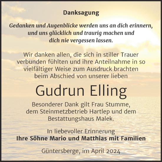 Traueranzeige von Gudrun Elling von Trauerkombi Quedlinburg