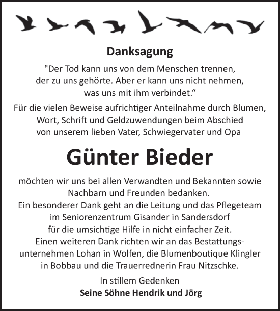 Traueranzeige von Günter Bieder von Trauerkombi Bitterfeld