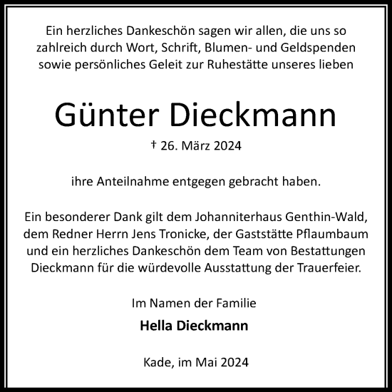 Traueranzeige von Günter Dieckmann von Volksstimme Burg/Genthin