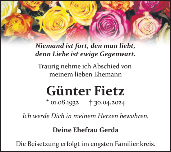 Traueranzeige von Günter Fietz von Trauerkombi Bitterfeld