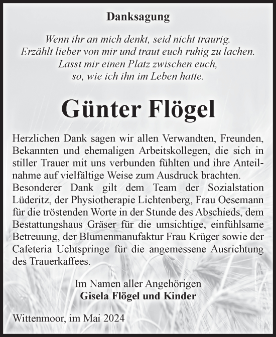 Traueranzeige von Günter Flögel von Volksstimme Altmark Ost