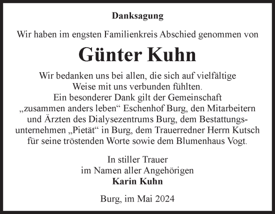 Traueranzeige von Günter Kuhn von Volksstimme Burg/Genthin
