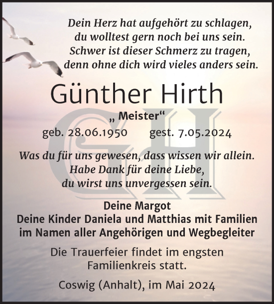 Traueranzeige von Günther Hirth von Trauerkombi Wittenberg