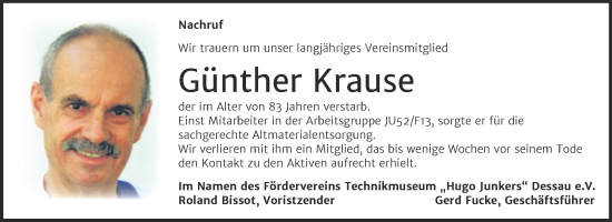 Traueranzeige von Günther Krause von Mitteldeutsche Zeitung Dessau-Roßlau