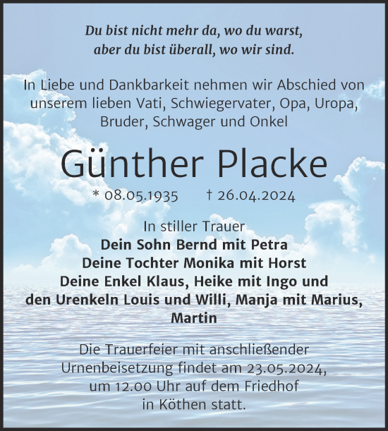 Traueranzeige von Günther Placke von Trauerkombi Köthen
