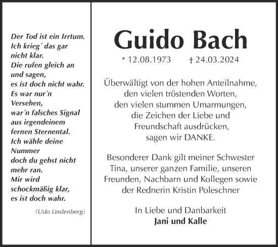 Traueranzeige von Guido Bach von Trauerkombi Wittenberg
