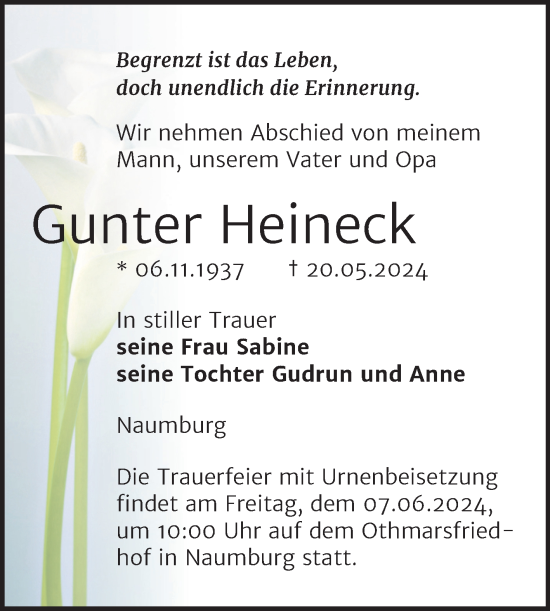 Traueranzeige von Gunter Heineck von Naumburger Tageblatt
