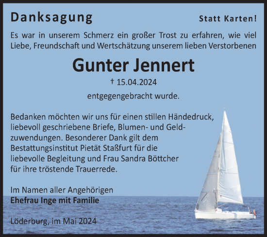 Traueranzeige von Gunter Jennert von Volksstimme Staßfurt