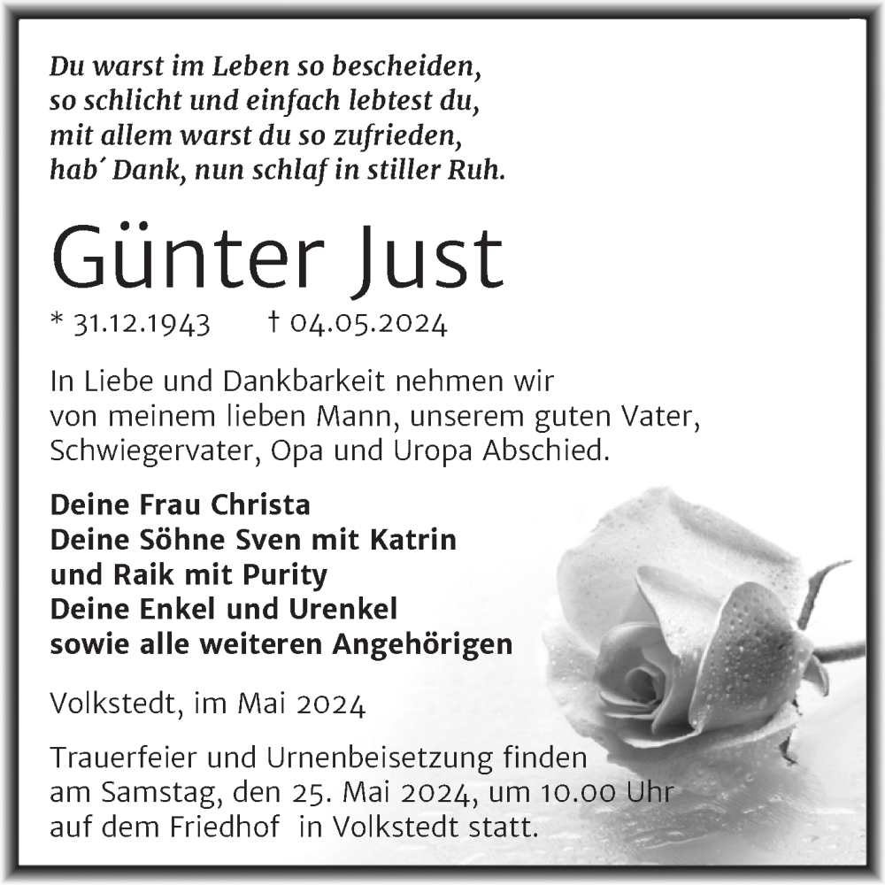  Traueranzeige für Gunter Just vom 11.05.2024 aus Trauerkombi Mansfelder Land