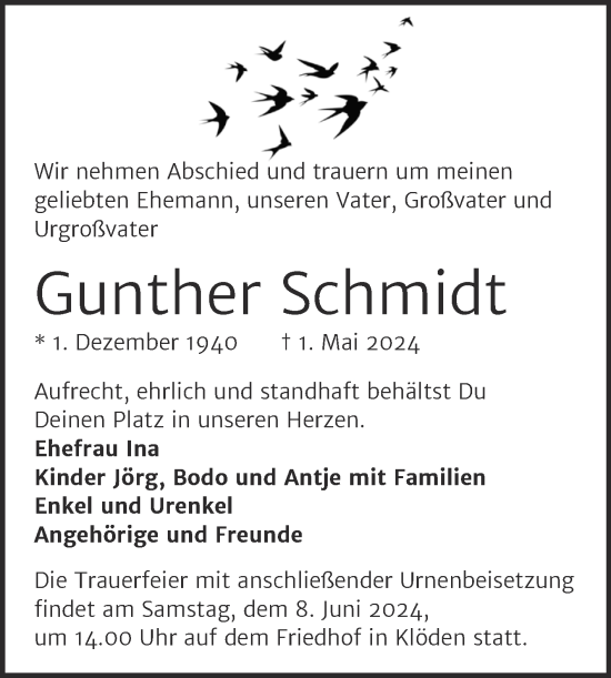 Traueranzeige von Gunther Schmidt von Trauerkombi Wittenberg