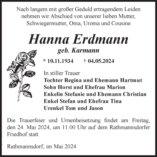 Traueranzeige von Hanna Erdmann von Volksstimme Staßfurt